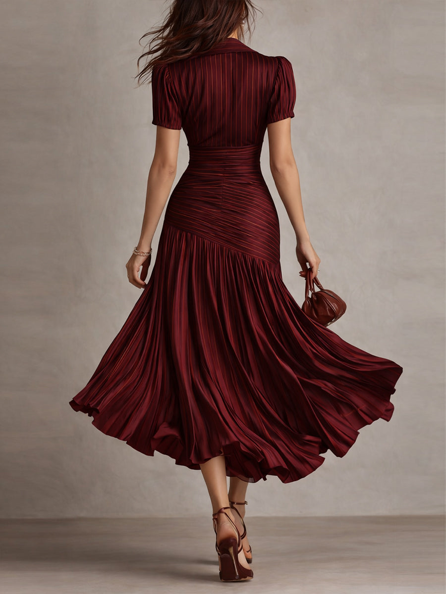 Adriana - Short Sleeve Pleated Retro Striped Satin Midi Dress