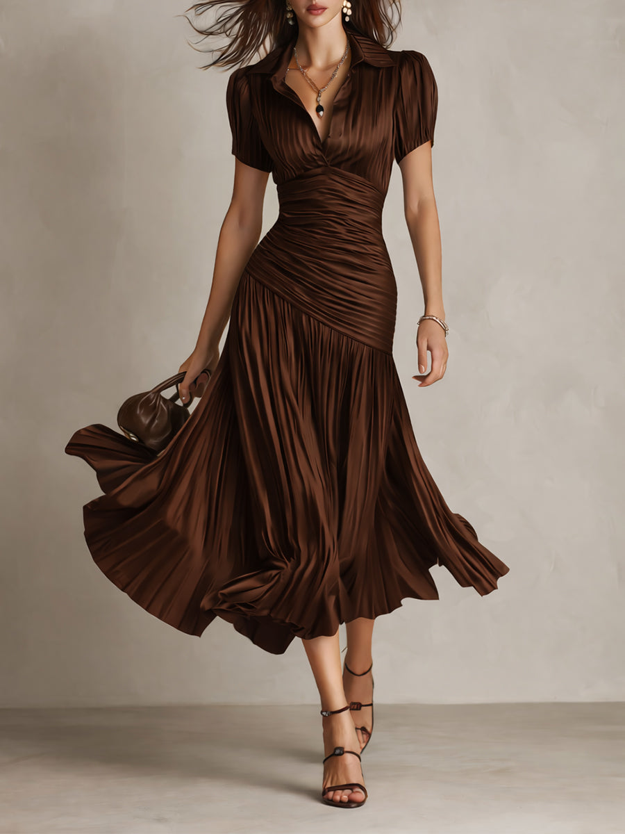 Adriana - Short Sleeve Pleated Retro Striped Satin Midi Dress