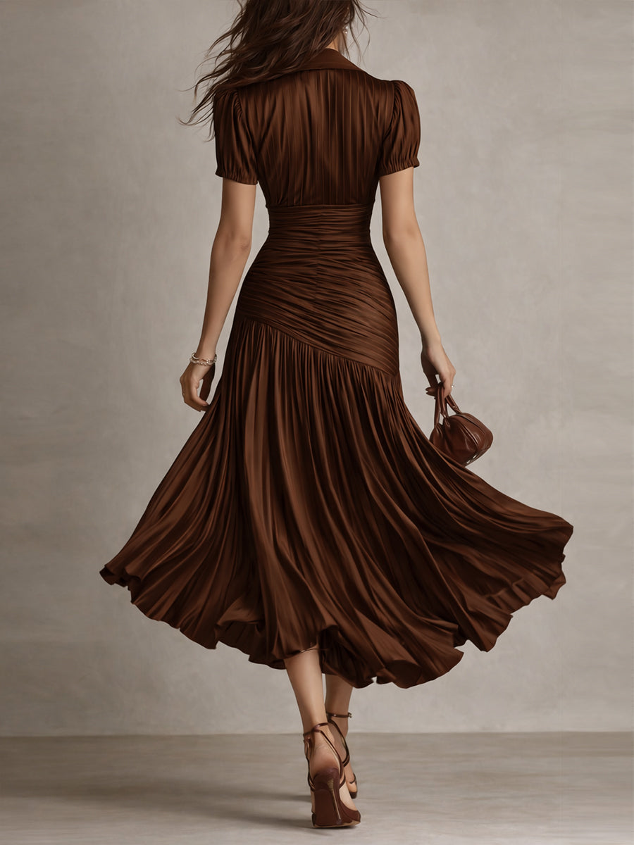 Adriana - Short Sleeve Pleated Retro Striped Satin Midi Dress