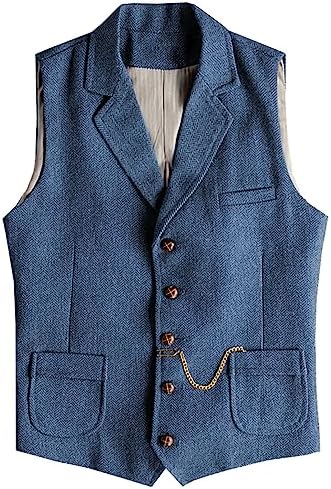 Men’s Slim Fit Wool Tweed Waistcoat with Notched Lapels and Patch Pockets for Vintage Wedding and Western Styling