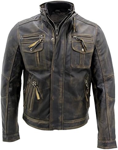 Men’s Insulated Vintage Nappa Leather Biker Jacket – High Stand-Collar Multi-Pocket Zip Layer with Distressed Finish for Winter Travel Weekend Streetwear Outdoor City Wear and Everyday Cold-Weather Styling