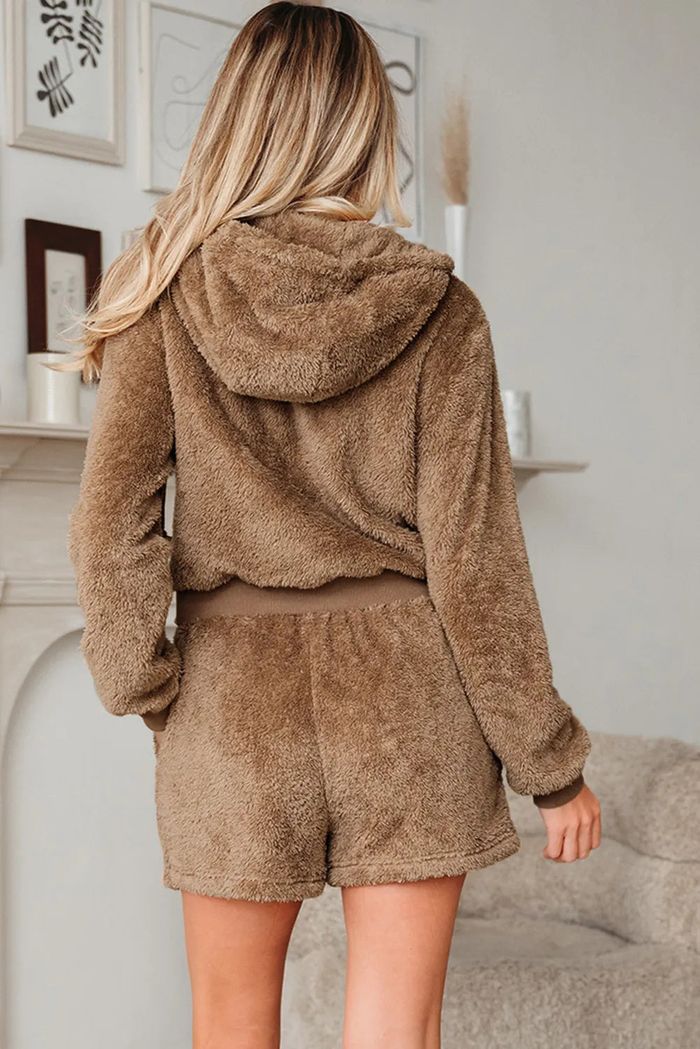 Women's Teddy Fleece Zip-Up Hoodie and Drawstring Shorts Set – Cosy Two-Piece Loungewear for Everyday Comfort