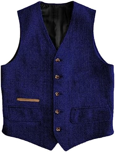 Men’s Vintage Herringbone Tweed Waistcoat – Classic V-Neck Buttoned Suit Vest with Functional Pockets for Weddings Business and Smart Casual Wear