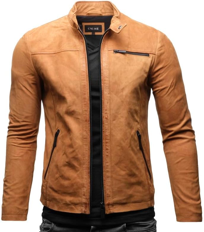 Men’s Minimalist Stand-Collar Leather Jacket – Clean Zip-Front Short Layer with Streamlined Pockets for Autumn Travel Weekend Smart Casual City Wear and Everyday Styling
