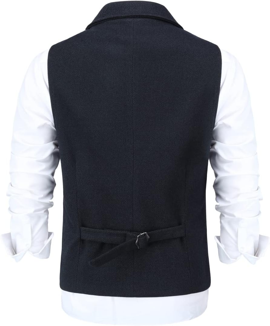Men’s Wool Tweed Waistcoat with Notched Lapels and Patch Pockets – Regular Fit Suit Vest for Smart Occasion Dressing