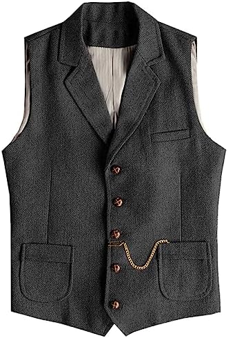 Men’s Slim Fit Wool Tweed Waistcoat with Notched Lapels and Patch Pockets for Vintage Wedding and Western Styling