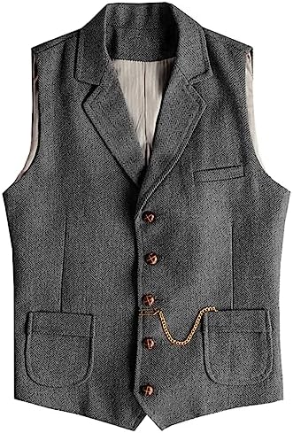 Men’s Slim Fit Wool Tweed Waistcoat with Notched Lapels and Patch Pockets for Vintage Wedding and Western Styling