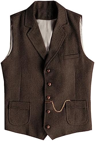 Men’s Slim Fit Wool Tweed Waistcoat with Notched Lapels and Patch Pockets for Vintage Wedding and Western Styling