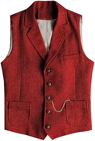 Men’s Slim Fit Wool Tweed Waistcoat with Notched Lapels and Patch Pockets for Vintage Wedding and Western Styling
