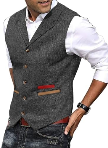 Men’s Textured Tweed Waistcoat with Notched Lapels – Vintage Button-Front Gilet for Weddings and Smart Casual Dressing