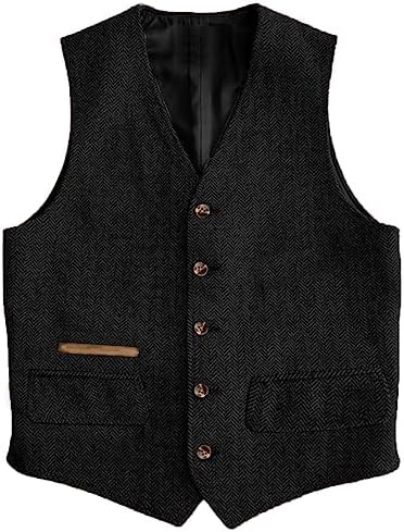 Men’s Vintage Herringbone Tweed Waistcoat – Classic V-Neck Buttoned Suit Vest with Functional Pockets for Weddings Business and Smart Casual Wear