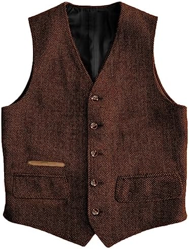 Men’s Vintage Herringbone Tweed Waistcoat – Classic V-Neck Buttoned Suit Vest with Functional Pockets for Weddings Business and Smart Casual Wear