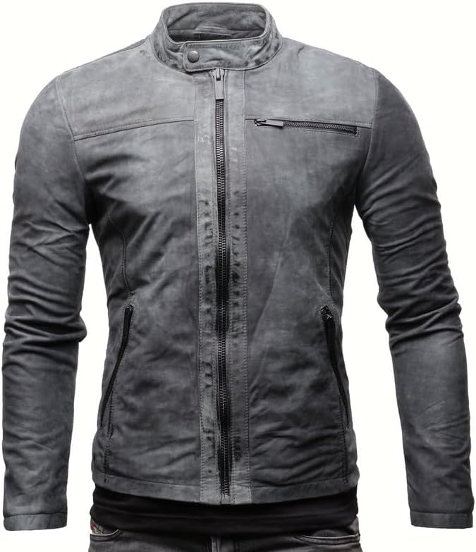 Men’s Minimalist Stand-Collar Leather Jacket – Clean Zip-Front Short Layer with Streamlined Pockets for Autumn Travel Weekend Smart Casual City Wear and Everyday Styling