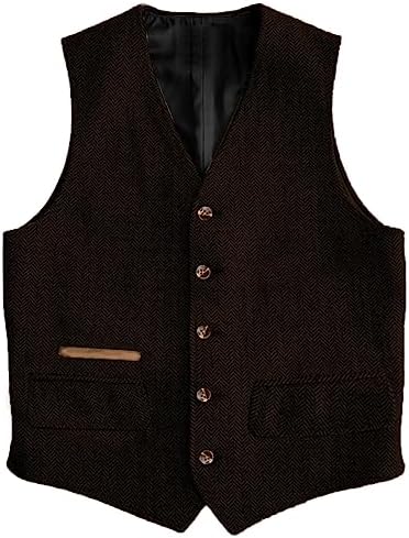 Men’s Vintage Herringbone Tweed Waistcoat – Classic V-Neck Buttoned Suit Vest with Functional Pockets for Weddings Business and Smart Casual Wear
