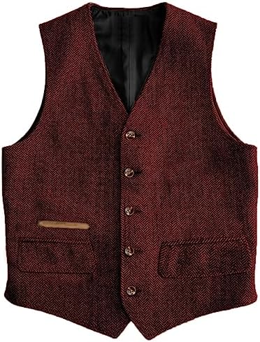 Men’s Vintage Herringbone Tweed Waistcoat – Classic V-Neck Buttoned Suit Vest with Functional Pockets for Weddings Business and Smart Casual Wear