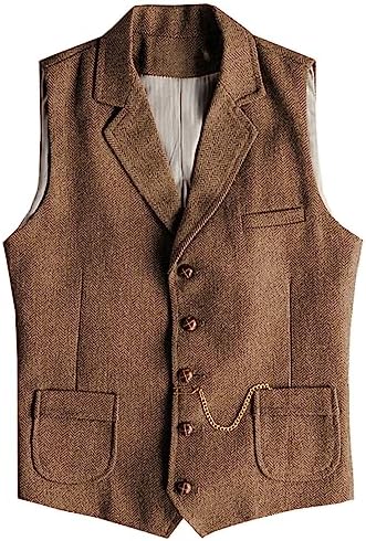 Men’s Slim Fit Wool Tweed Waistcoat with Notched Lapels and Patch Pockets for Vintage Wedding and Western Styling