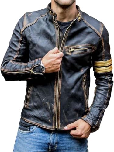 Men’s Distressed Genuine Leather Café Racer Biker Jacket – Vintage Motorcycle Zip-Up Layer with Stand Collar Contrast Trim and Zipped Pockets for Autumn Streetwear Weekend Travel Evening Outings and Everyday City Wear