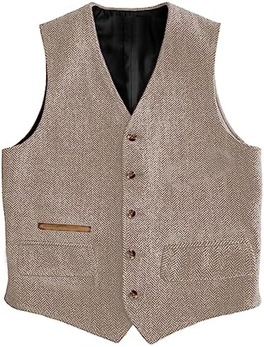 Men’s Vintage Herringbone Tweed Waistcoat – Classic V-Neck Buttoned Suit Vest with Functional Pockets for Weddings Business and Smart Casual Wear