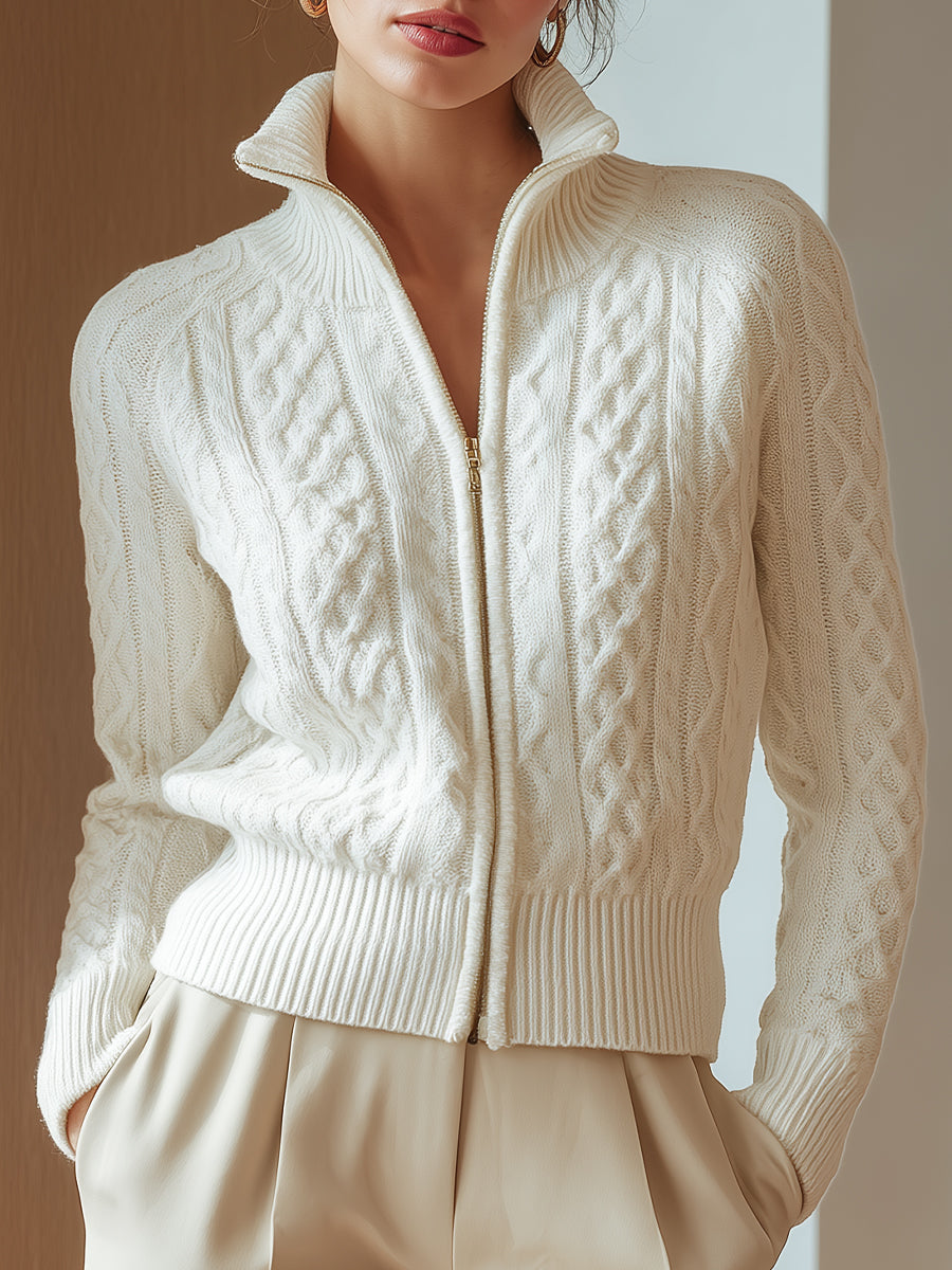 Avril-Eve Cable Knit Zip-Up Cardigan