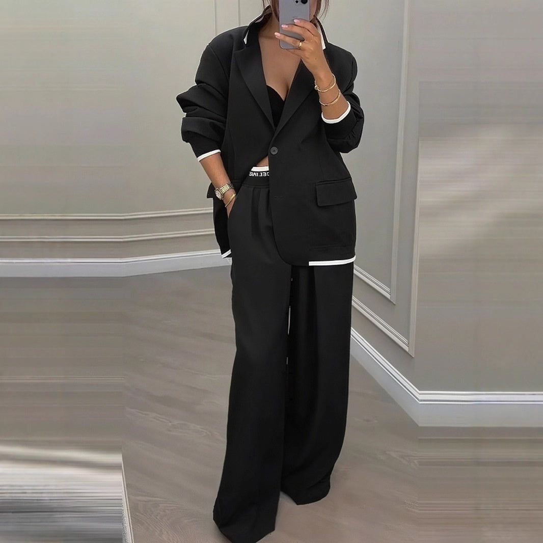 Women’s Elegant Tailored Blazer and Wide Leg Trouser Suit – Relaxed Fit Two-Piece Formal Outfit for Office and Smart Casual Wear