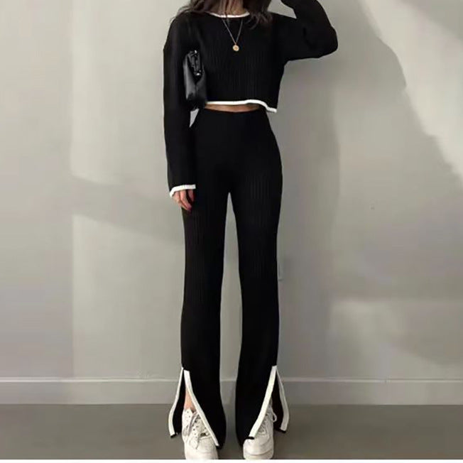Women's Cropped Ribbed Knit Jumper and Flared Trousers Set – Relaxed Two-Piece Co-Ord for Autumn and Winter