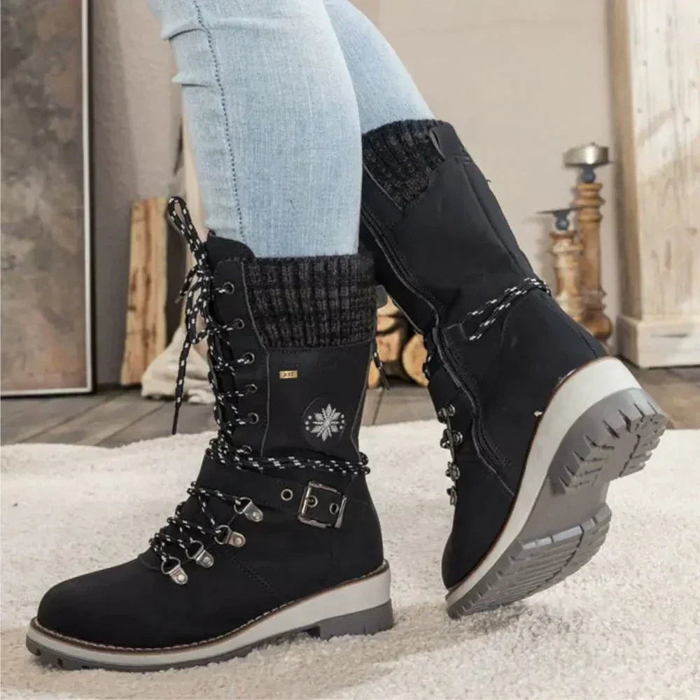 Women's Winter Lace-Up Snow Boots – Knit Cuff & Buckle – Anti-Slip Sole
