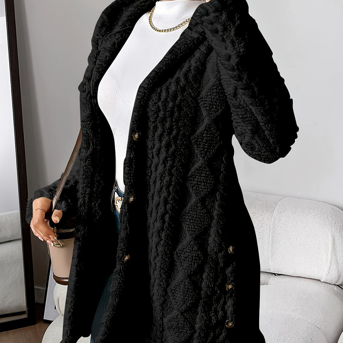 Women’s Longline Textured Knit Cardigan with Button Front – Relaxed Warm Layer for Autumn and Winter