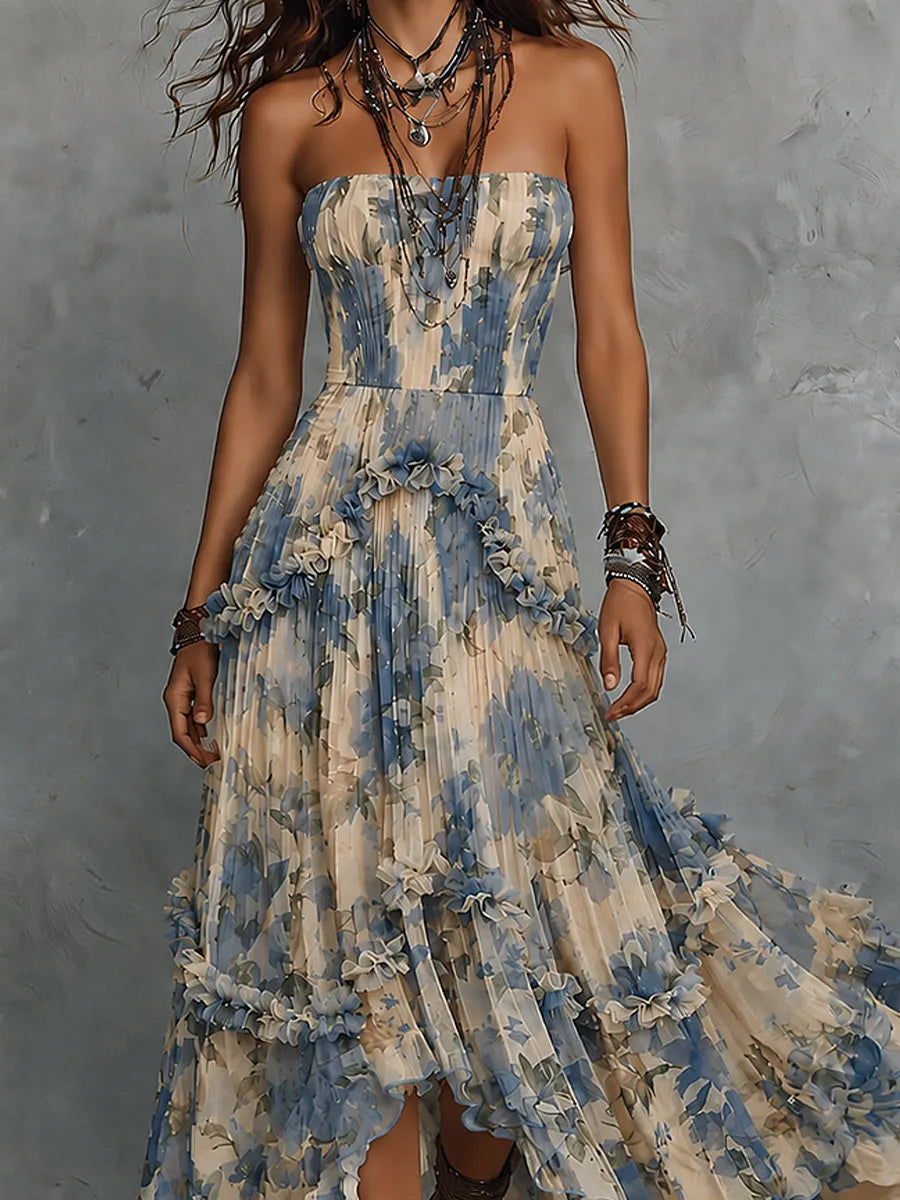Veronica | Elegant strapless printed chiffon maxi dress with  ruffles