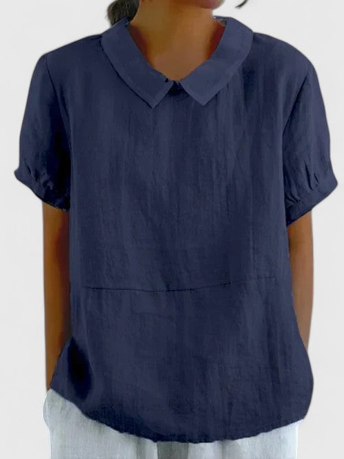 Women's Relaxed Short Sleeve Blouse – Casual Collared Pullover Top with Textured Fabric for Spring and Summer