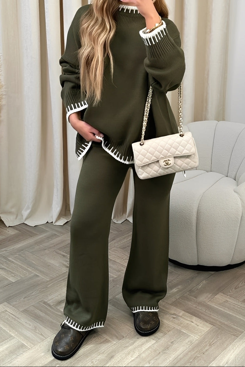 Women’s Knitted Sweater and Wide-Leg Trouser Set with Contrast Ribbed Trims – Relaxed Fit Two-Piece Lounge Outfit for Comfortable Everyday Dressing
