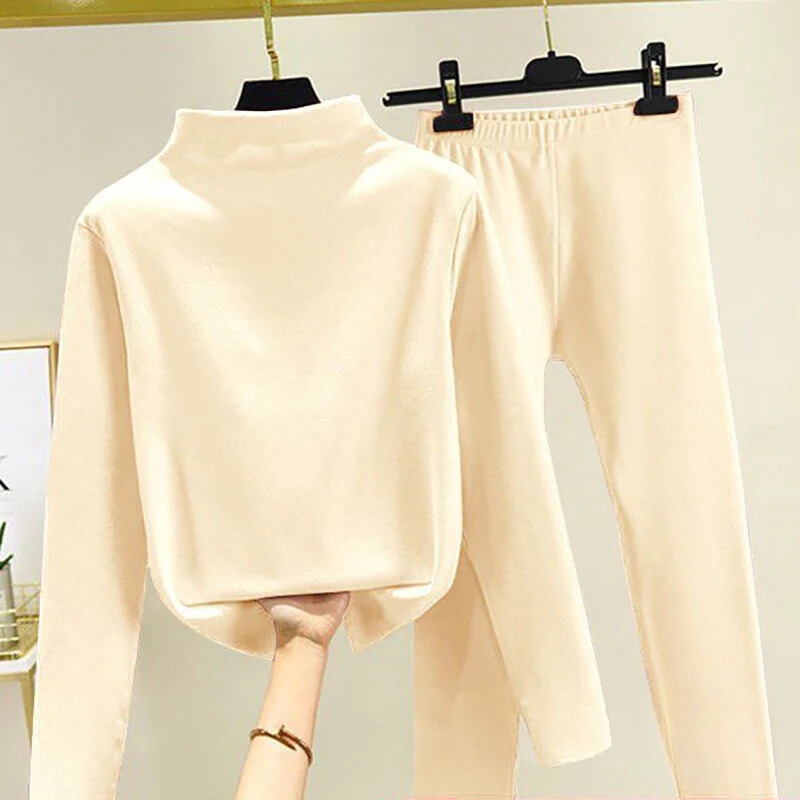 Women's Fleece High-Neck Top and Trousers Set – Soft Relaxed Two-Piece Outfit for Autumn and Winter