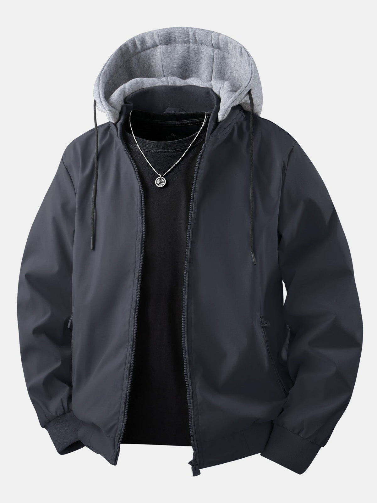 Men's Relaxed Hooded Bomber Jacket – Detachable Drawstring Hood with Zip-Up Front and Ribbed Trims for Casual Autumn Wear