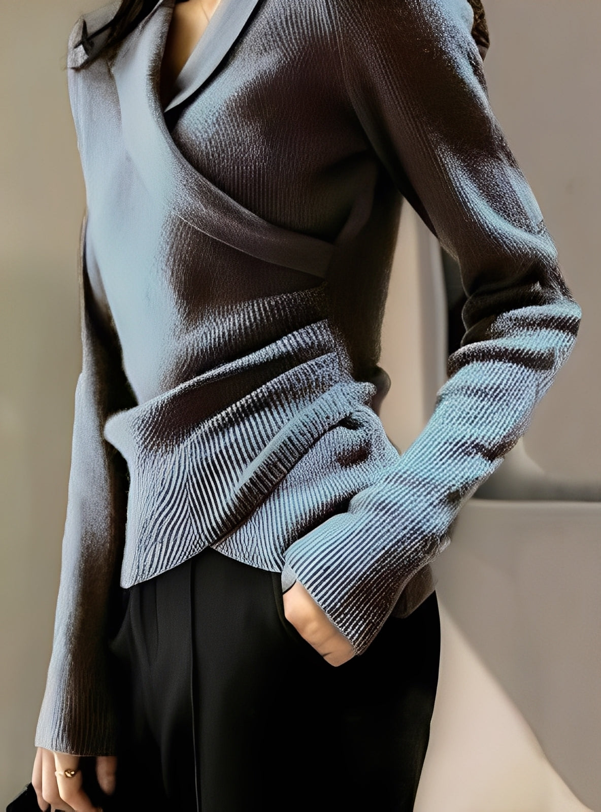 Women's Elegant Ribbed Wrap Knit Sweater – Collared V-Neck Long Sleeve Top with Asymmetric Hem for Smart Casual Wear
