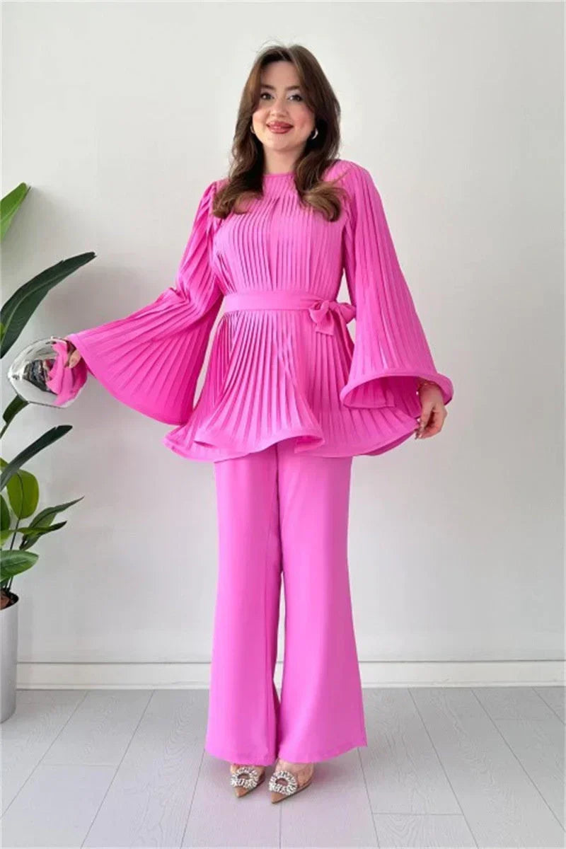 Women’s Pleated Belted Top and Wide-Leg Trouser Set – Elegant Two-Piece Outfit with Flowing Bell Sleeves for Work and Special Occasions