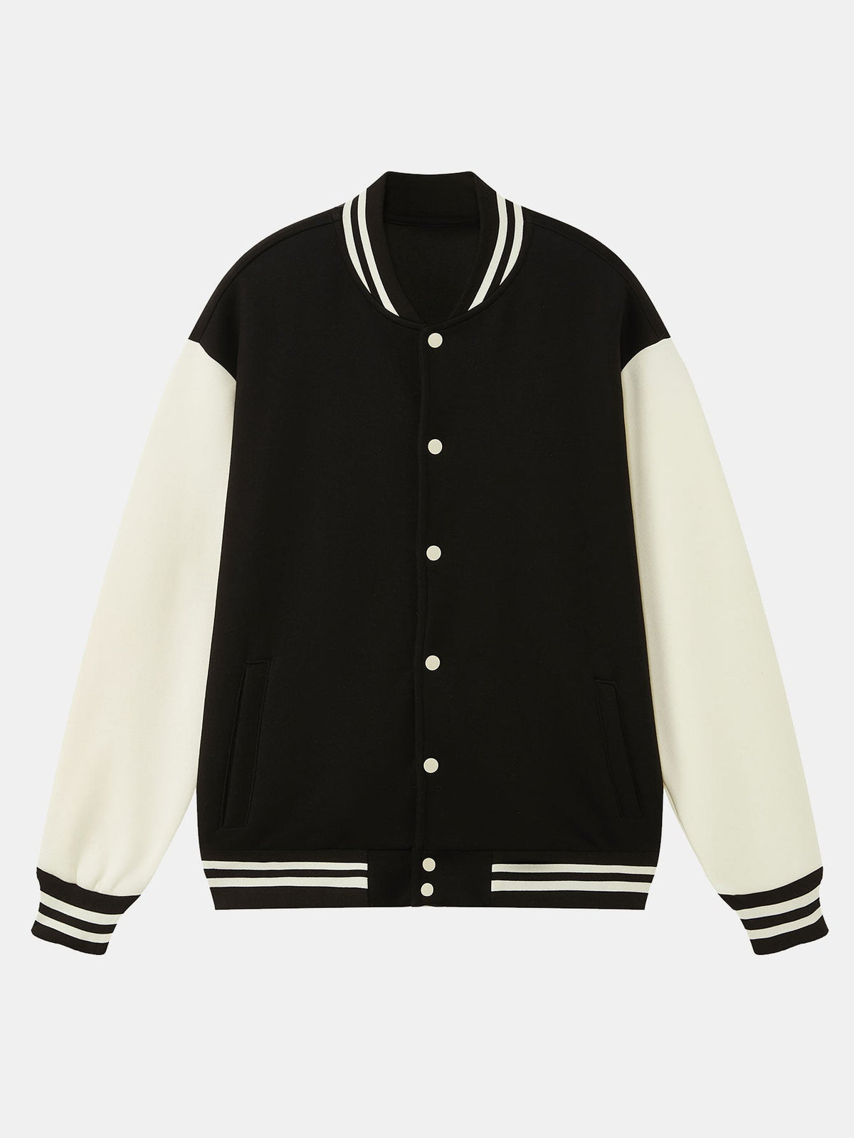 Men's Contrast Sleeve Varsity Baseball Jacket – Classic Cotton Snap-Button College Outerwear with Striped Ribbed Trims for Spring and Autumn