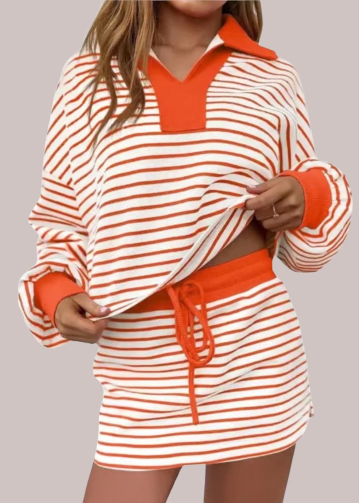 Women’s Relaxed Long Sleeve Polo Top and Drawstring Skort Set – Printed Two-Piece Summer Outfit for Casual Everyday Wear