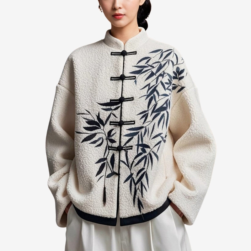 Women’s Textured Printed Cardigan with Mandarin Collar and Frog Fastenings – Relaxed Long Sleeve Layer for Autumn and Winter