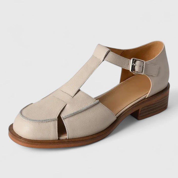 Women's T-Strap Sandals with Buckle and Low Stacked Heel