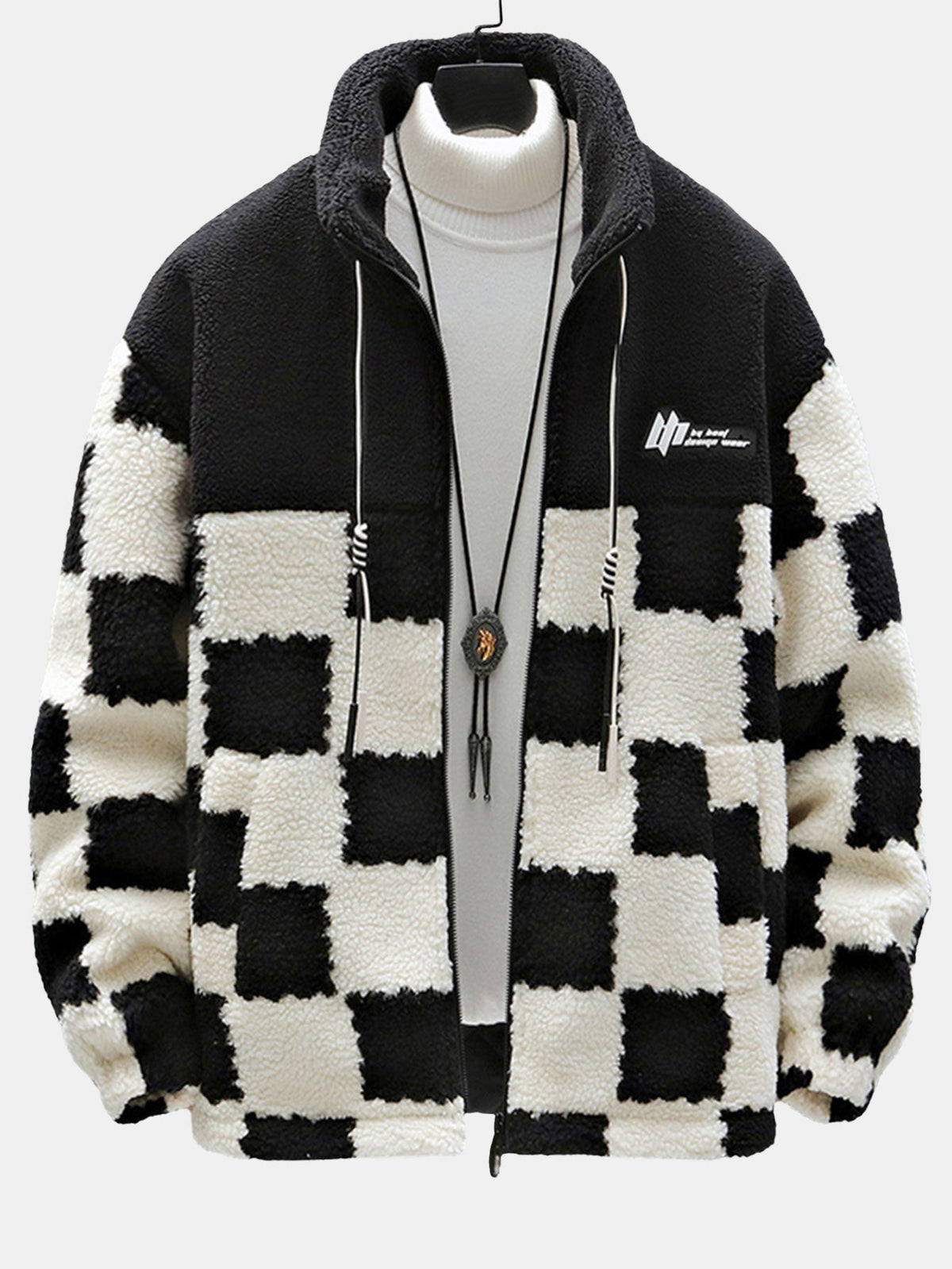 Men's Printed Teddy Fleece Jacket with High Collar – Soft Relaxed Fit Zip-Up Outerwear for Autumn and Winter