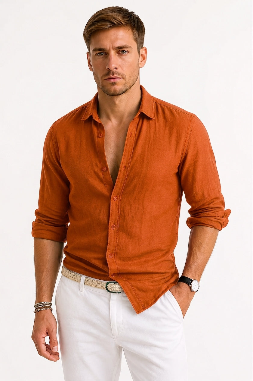 Men's Linen Button-Down Shirt Long Sleeve Relaxed Fit