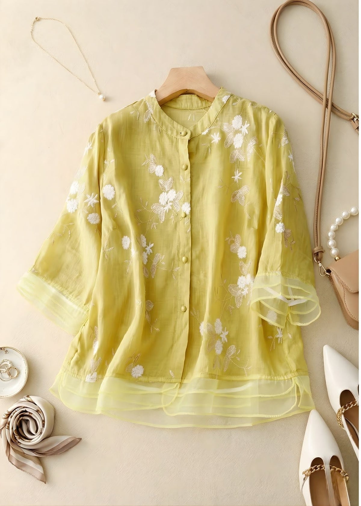 Women's Elegant Cotton Linen Blouse with Layered Organza Hem – Lightweight Printed Button Front Top for Spring and Summer Casual Wear