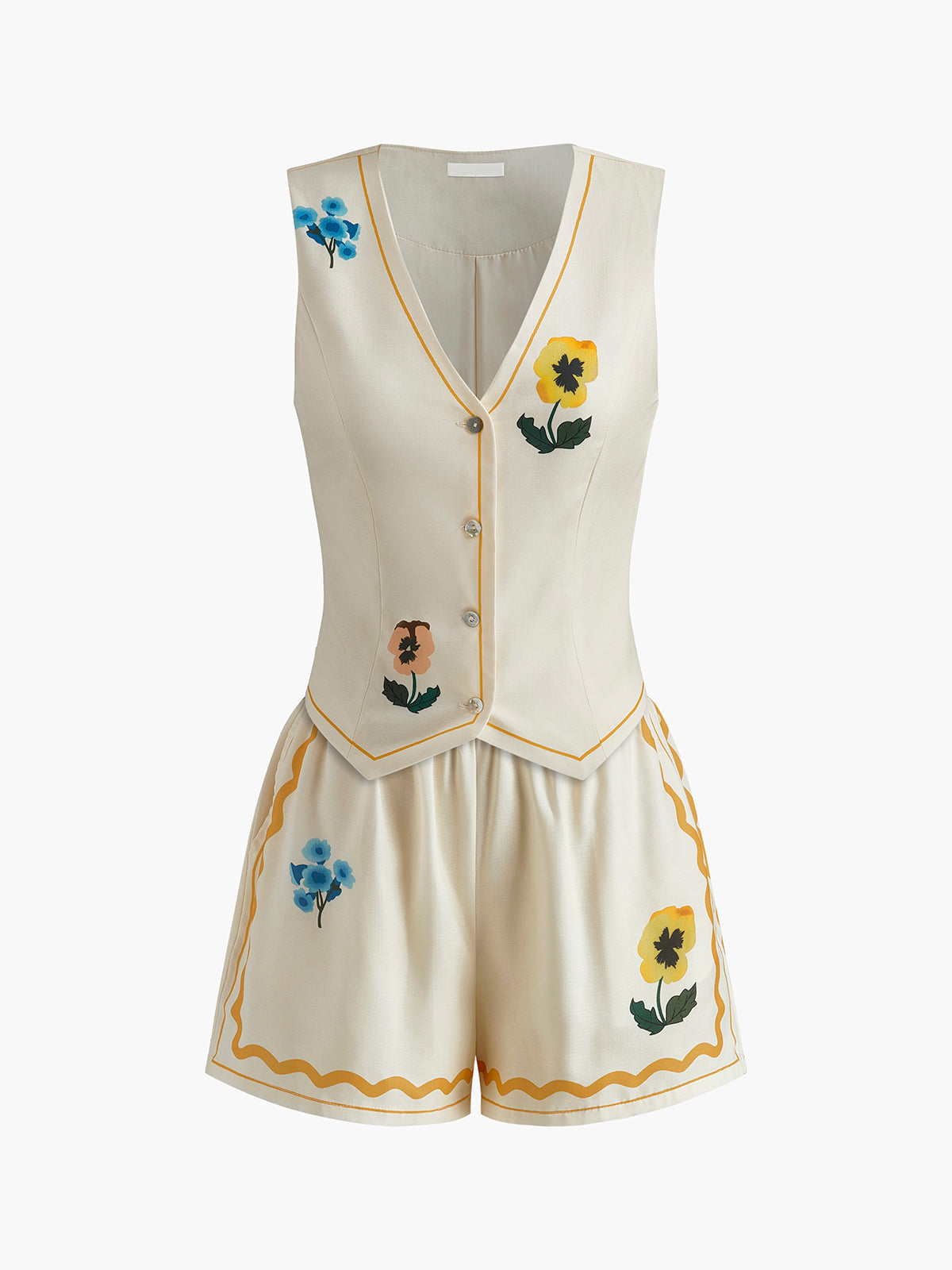 Women's Printed Two-Piece Summer Shorts Set – Sleeveless V Neck Button Front Waistcoat and High Waisted Tailored Shorts for Elegant Holiday Wear