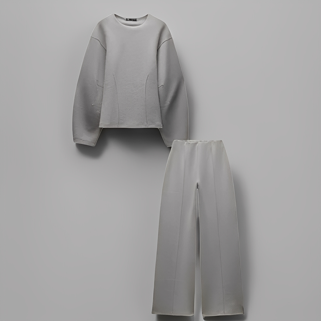 Women's Puff Sleeve Fitted Waist Top and Trousers Set – Elegant Structured Two-Piece Outfit for Smart Casual Occasions