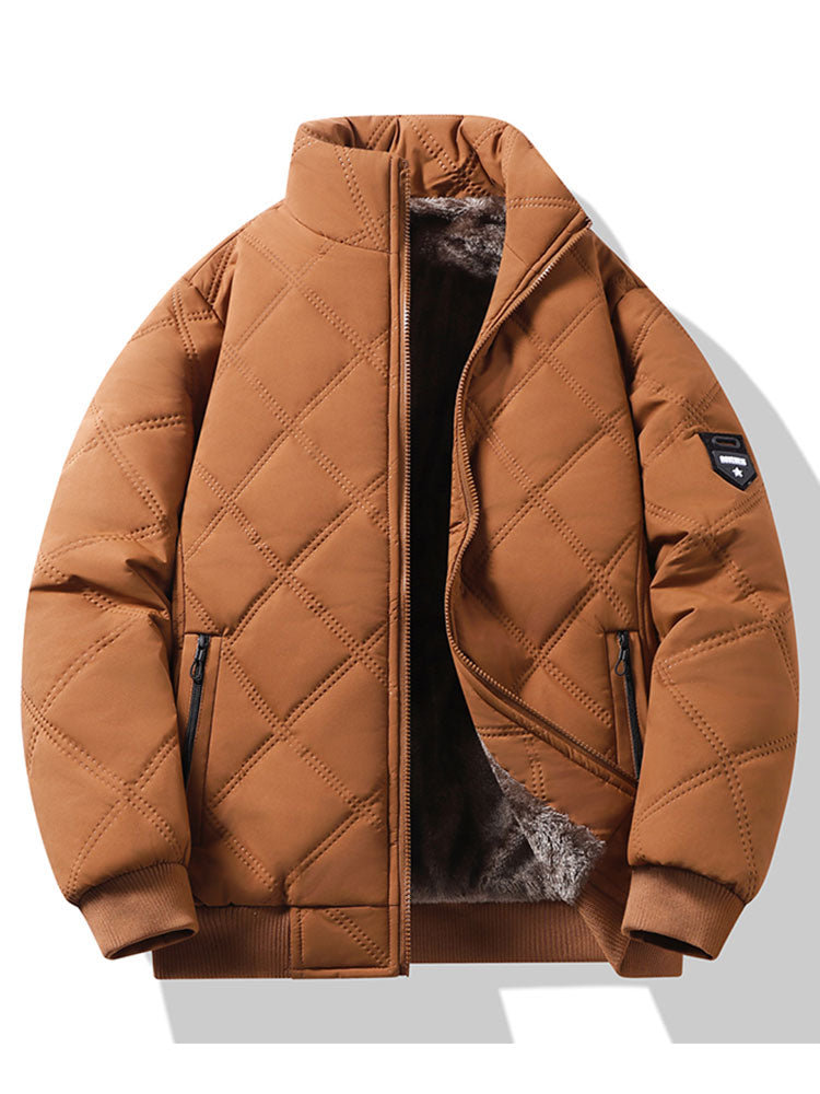 Men's Faux Fur-Lined Quilted Winter Jacket – Padded Stand Collar Zip-Up Coat with Warm Insulation and Zipped Pockets
