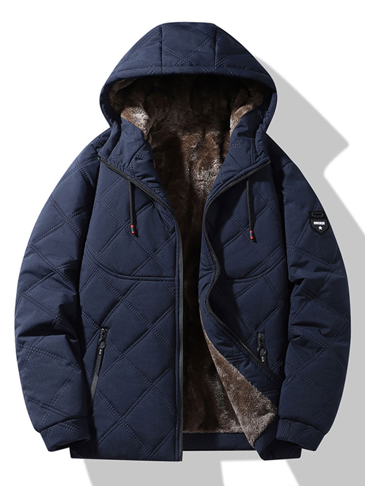Men's Faux Fur-Lined Quilted Winter Jacket – Warm Hooded Zip-Up Coat with Pockets for Cold Weather and Outdoor Wear