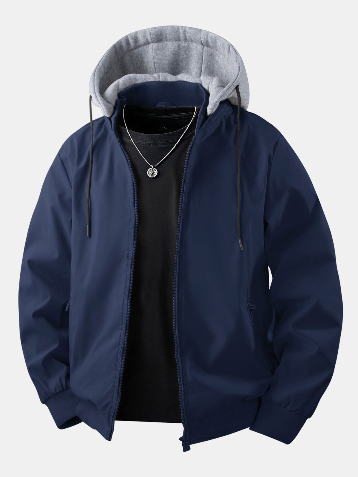Men's Relaxed Hooded Bomber Jacket – Detachable Drawstring Hood with Zip-Up Front and Ribbed Trims for Casual Autumn Wear