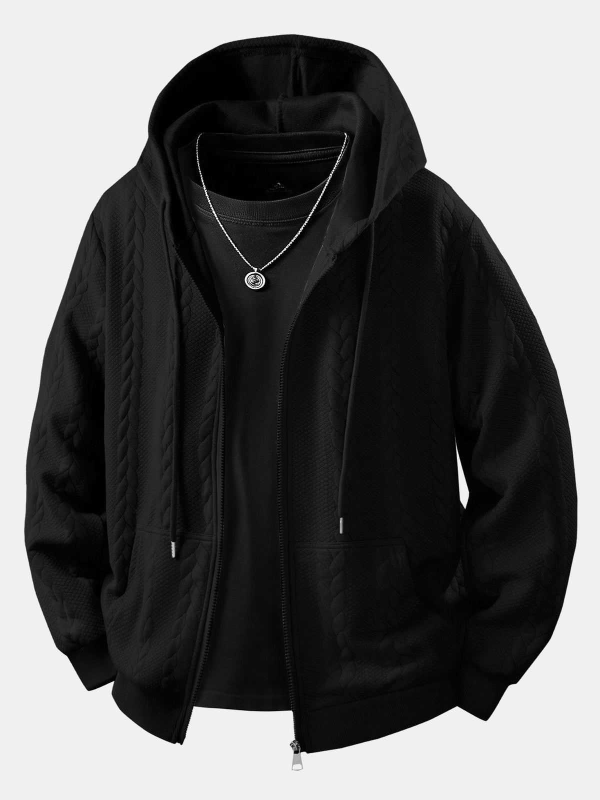 Men's Cable Jacquard Zip-Up Hoodie – Textured Long Sleeve Hooded Sweatshirt with Drawstrings and Pockets for Casual Everyday Wear