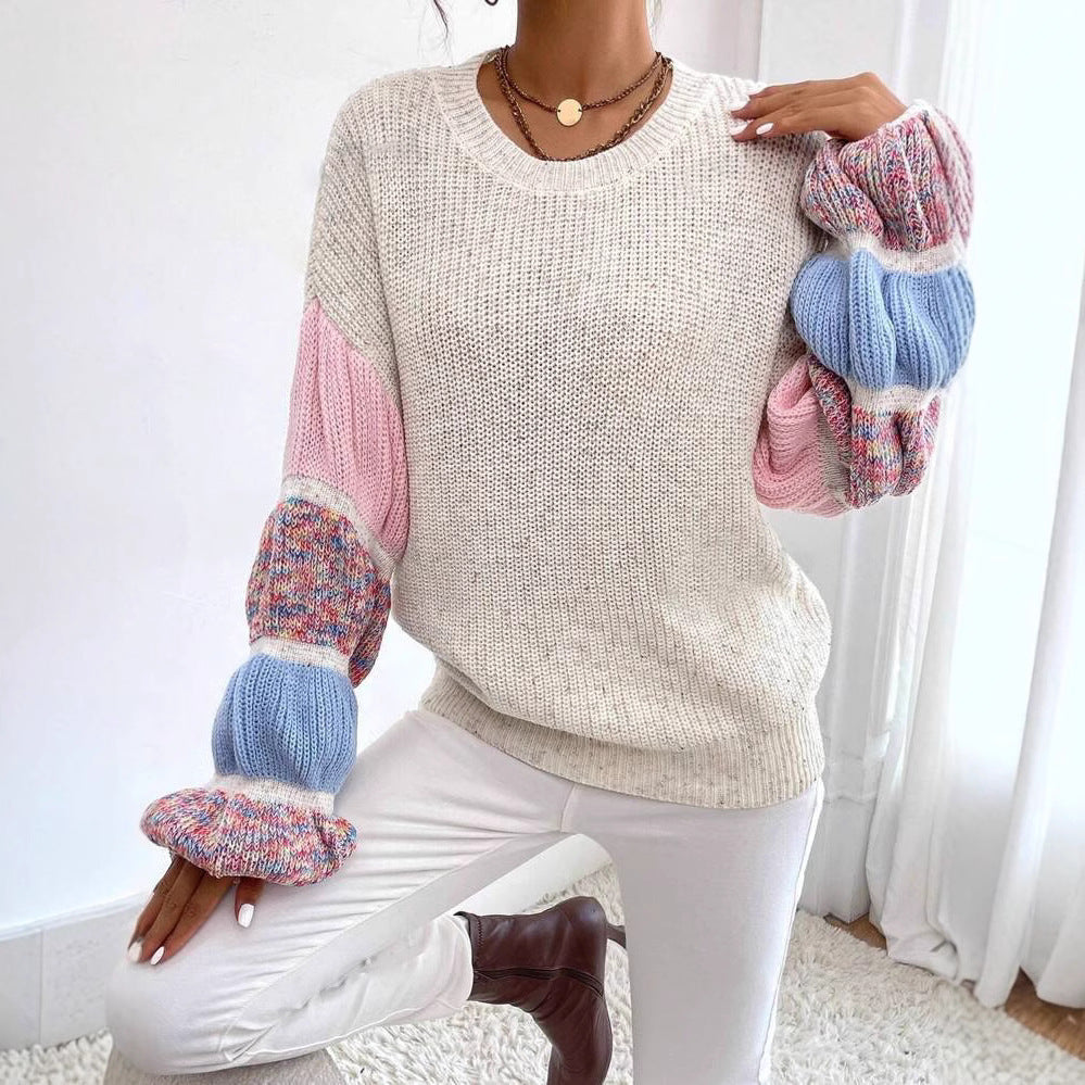 Women's Relaxed Colourblock Knit Sweater – Textured Crew Neck with Statement Balloon Sleeves for Autumn and Winter