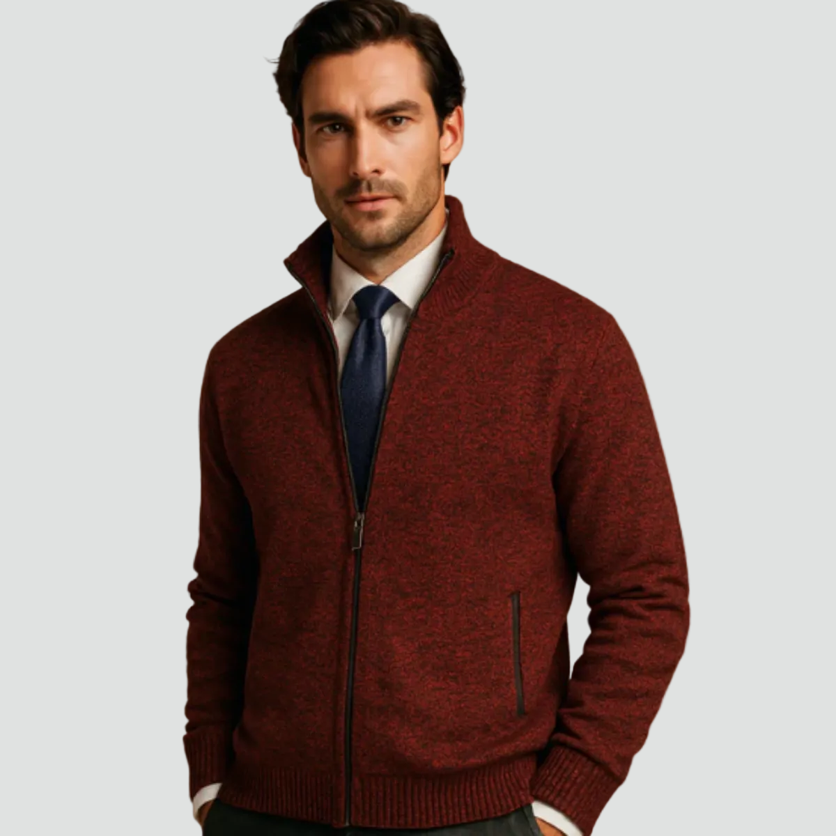 Men's Knitted Zip Cardigan with Stand Collar