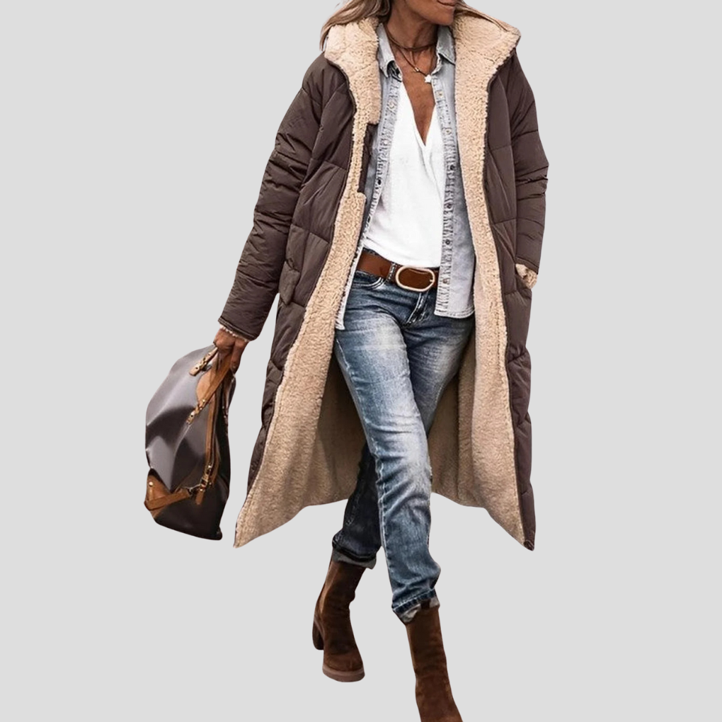 Women's Hooded Reversible Long Coat with Teddy Lining